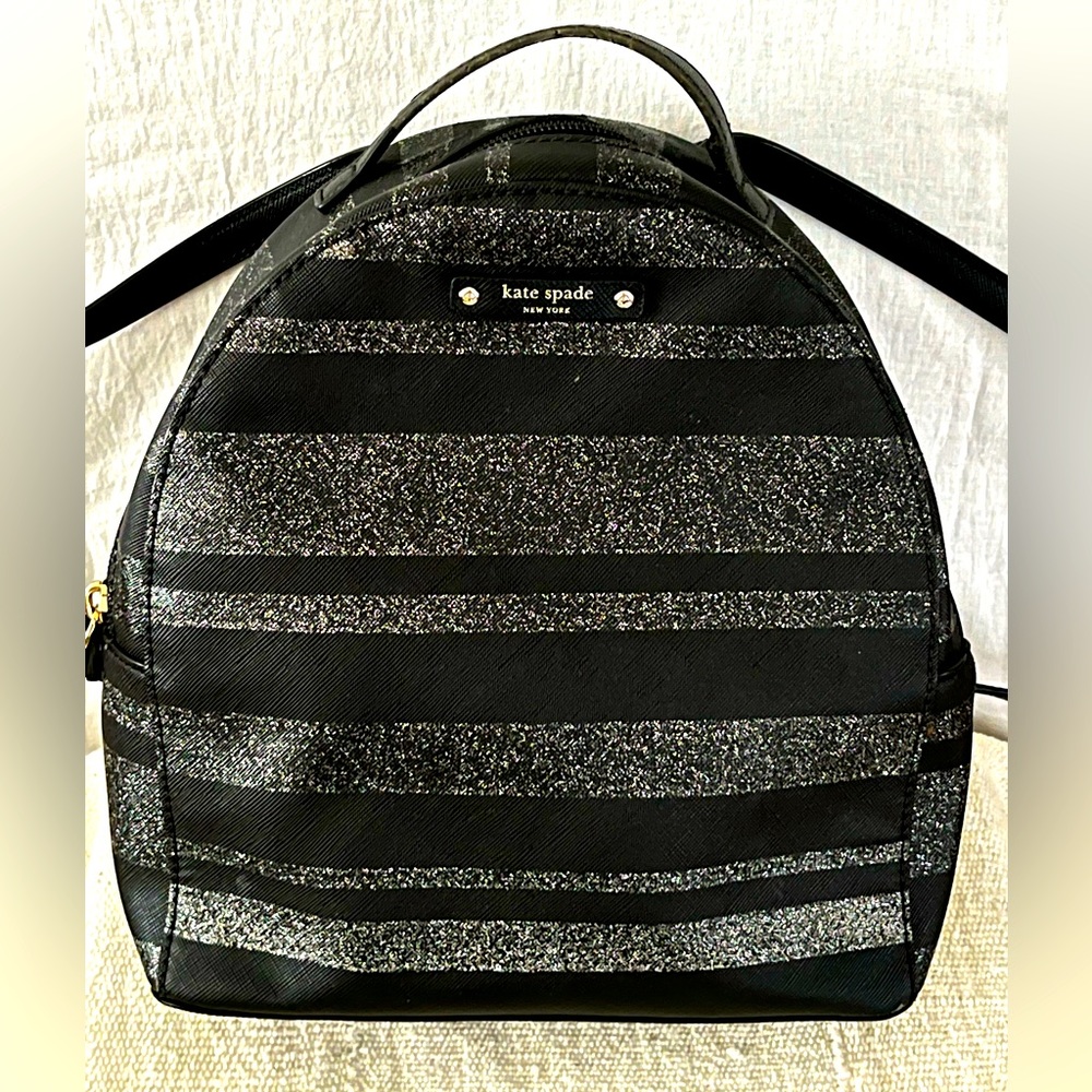 Kate Spade Black/Silver Glitter Stripe Backpack - bottom of Straps pulled wear
